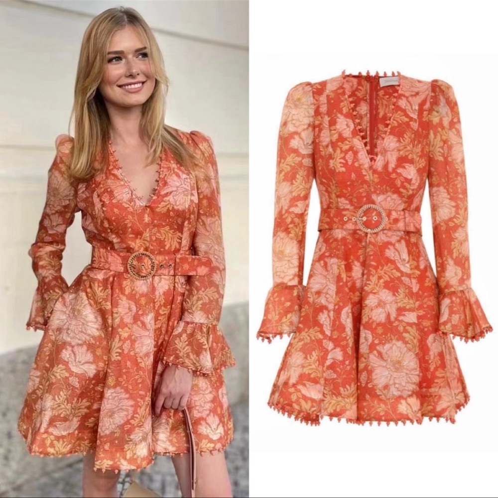 NWOT Zimmermann Kaleidoscope Silk Linen Organza Mini Dress Amber Floral